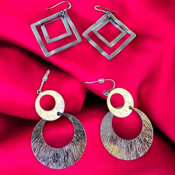 Fashion Silver Color Earrings Dangle French Wire Pierced Lot Of 2 Pairs - Picture 10 of 10